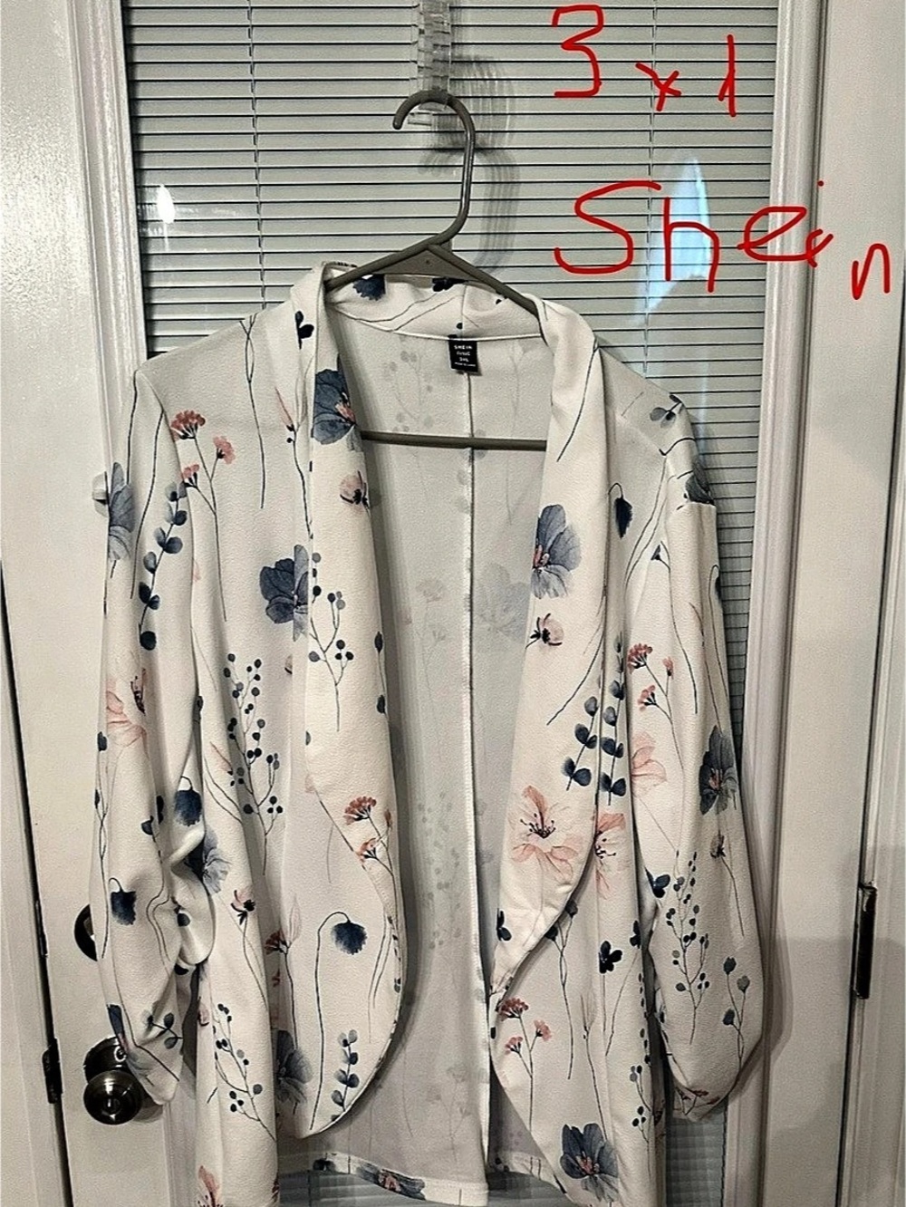 SHEIN LUNE Floral Print Shawl Collar Open Front Blazer White & Blue
